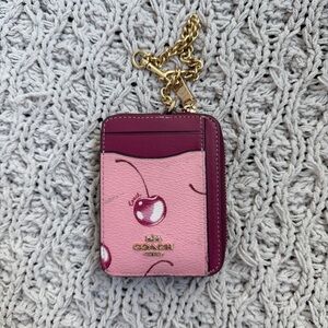 Coach Pink Cherry Card Case wallet with Gold Chain